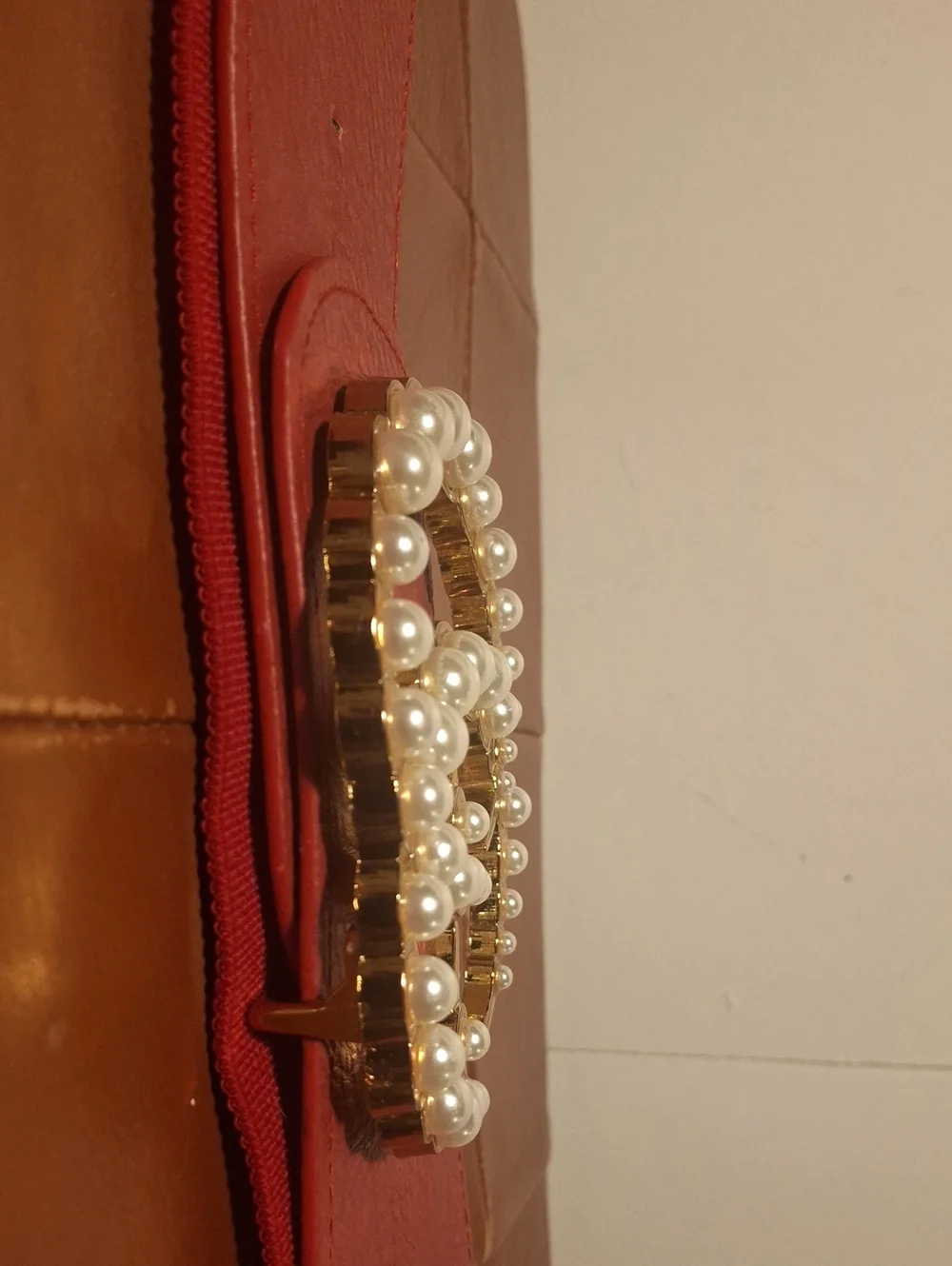 GG Pearl-Embellished Red Stretch Waist Belt